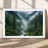 69453-MGC-FP-36x24_White-Mountain Forest Wall Art – Misty River and Evergreen Landscape Canvas Print, Nature Photography Poster for Living Room, Bedroom,