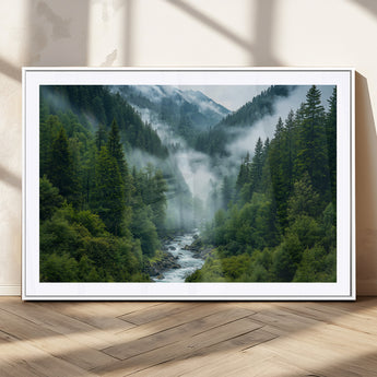 69453-MGC-FP-36x24_White-Mountain Forest Wall Art – Misty River and Evergreen Landscape Canvas Print, Nature Photography Poster for Living Room, Bedroom,
