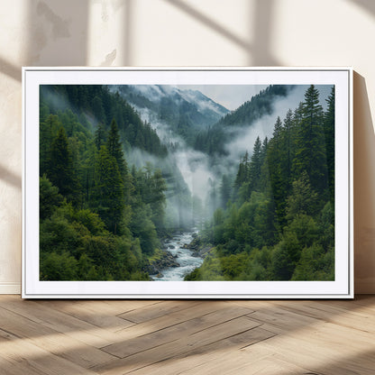 69453-MGC-FP-36x24_White-Mountain Forest Wall Art – Misty River and Evergreen Landscape Canvas Print, Nature Photography Poster for Living Room, Bedroom,