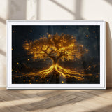 60194-MGC-FP-36x24_White-Glowing Tree Wall Art – Golden Roots Fantasy Canvas Print, Mystical Illuminated Tree Painting Poster for Living Room, Bedroom,