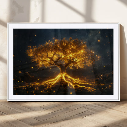 60194-MGC-FP-36x24_White-Glowing Tree Wall Art – Golden Roots Fantasy Canvas Print, Mystical Illuminated Tree Painting Poster for Living Room, Bedroom,