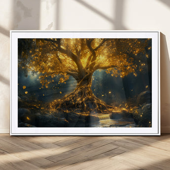 92739-MGC-FP-36x24_White-Glowing Tree Wall Art – Enchanted Golden Forest Canvas Print, Mystical Illuminated Nature Painting Poster for Living Room,