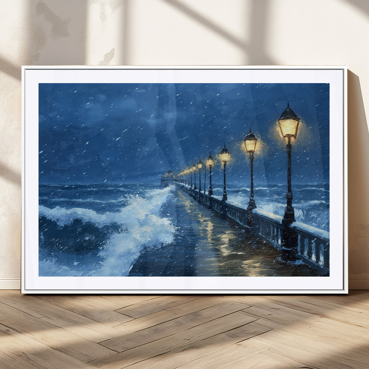 32668-MGC-FP-36x24_White-Stormy Pier Wall Art – Ocean Waves and Street Lamps Canvas Print, Rainy Night Seascape Oil Painting Poster for Living Room,