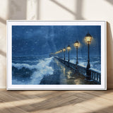 32668-MGC-FP-36x24_White-Stormy Pier Wall Art – Ocean Waves and Street Lamps Canvas Print, Rainy Night Seascape Oil Painting Poster for Living Room,