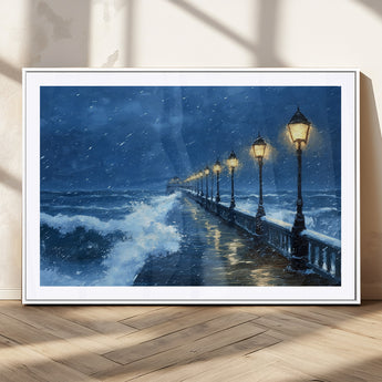 32668-MGC-FP-36x24_White-Stormy Pier Wall Art – Ocean Waves and Street Lamps Canvas Print, Rainy Night Seascape Oil Painting Poster for Living Room,