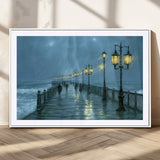 79606-MGC-FP-36x24_White-Rainy Pier Night Wall Art – Ocean Waves and Street Lamps Canvas Print, Moody Seascape Oil Painting Poster for Living Room,