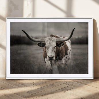 69238-MGC-FP-36x24_White-Longhorn Bull Wall Art – Rustic Black and White Texas Cattle Canvas Print, Western Farmhouse Animal Photography for Living Room,