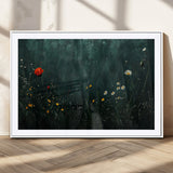 26218-MGC-FP-36x24_White-Wildflower Wall Art – Dark Botanical Floral Canvas Print, Modern Nature Painting Poster with Daisy Poppy Yellow Flowers for Living