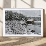 29975-MGC-FP-36x24_White-Winter Cabin by the Lake Wall Art – Snowy Mountain Landscape Canvas Print, Rustic Lodge Cabin Decor for Cozy Living Room, Bedroom