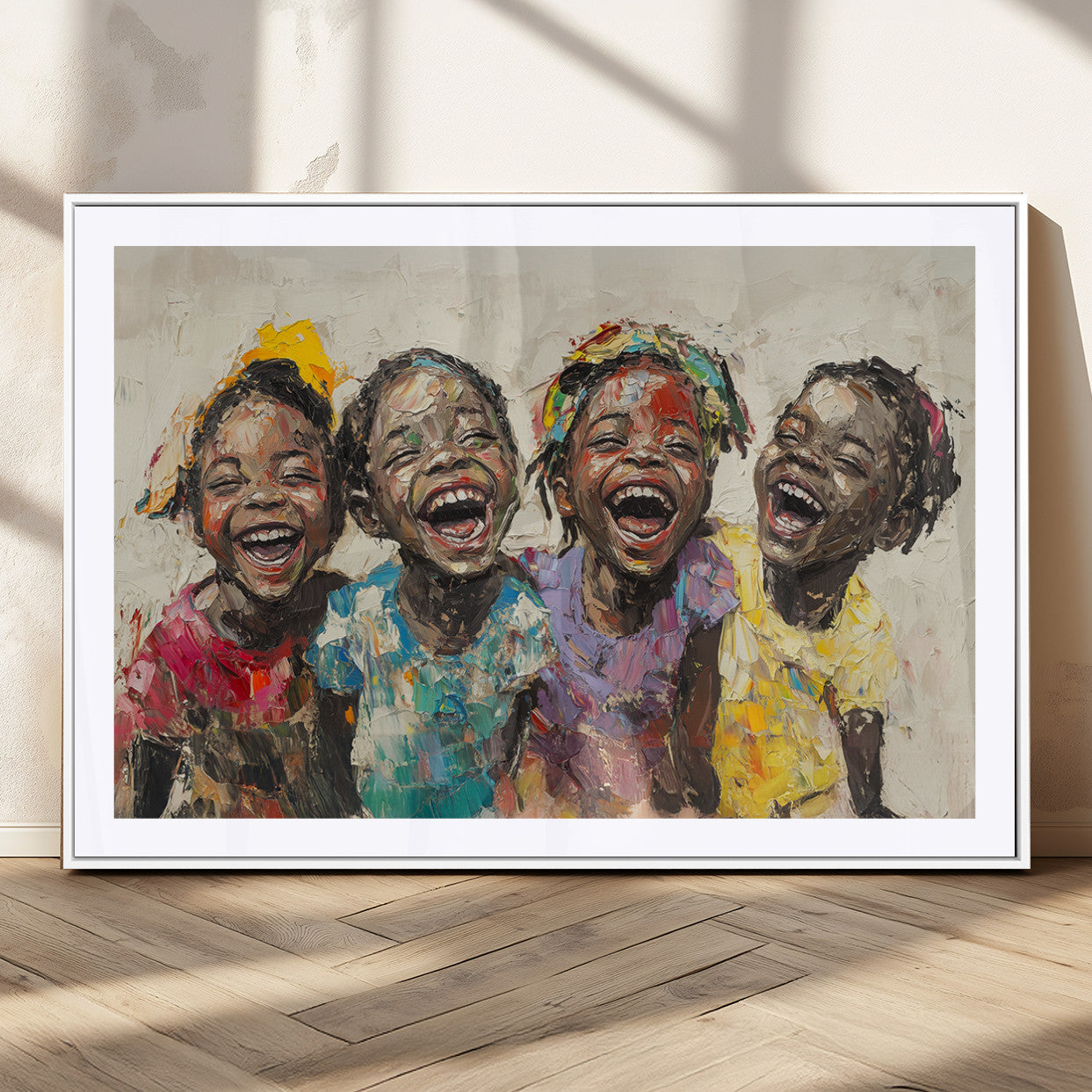 93034-MGV-CV-36X24-Happy Children Wall Art – Colorful Kids Laughing Canvas Print, Joyful Expressionist Painting for Living Room, Playroom, Office or
