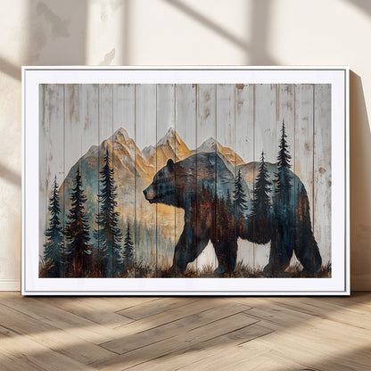 90077-MGC-FP-36x24_White-Wood Grizzly Bear Wall Art Canvas Print, Framed Abstract Bear Art Picture Print, Bear in Forest Perfect Rustic Lodge Decor Artwork