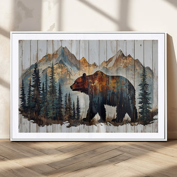 55777-MGV-CV-36X24-Rustic Bear Wall Art Canvas Print, Framed Mountain and Forest Art Picture Print, Wooden Bear Perfect Rustic Lodge Decor Artwork