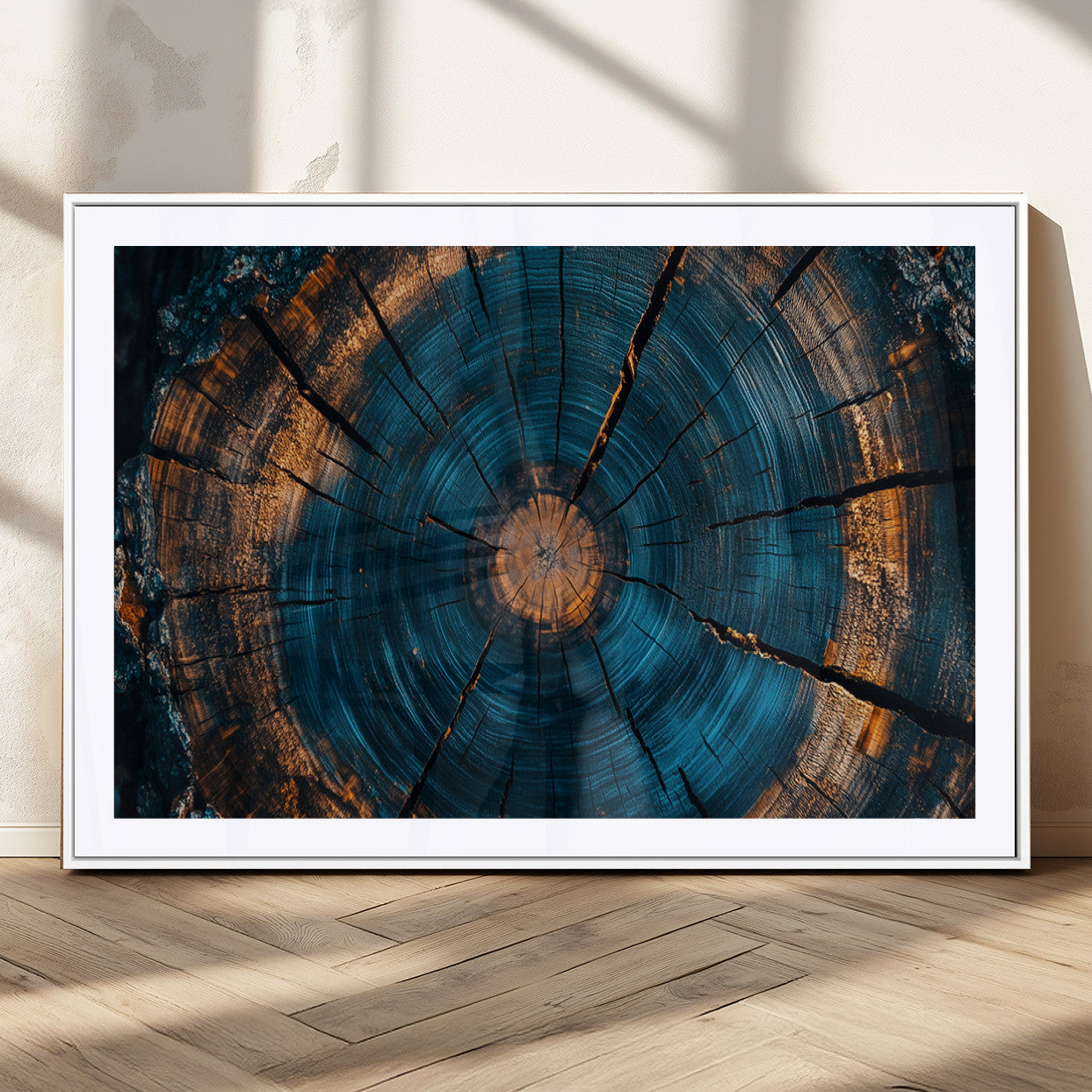 65231-MGC-FP-36x24_White-Blue and Gold Tree Ring Wall Art – Rustic Abstract Wood Slice Canvas Print, Modern Nature Inspired Artwork for Living Room,