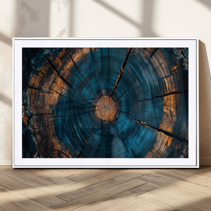 65231-MGC-FP-36x24_White-Blue and Gold Tree Ring Wall Art – Rustic Abstract Wood Slice Canvas Print, Modern Nature Inspired Artwork for Living Room,
