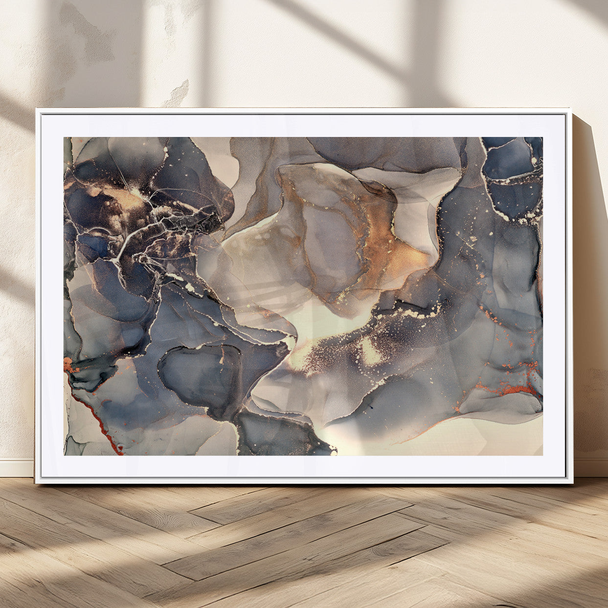 18202-MGV-CV-36X24-Abstract Neutral Wall Art – Blue, Beige and Gold Fluid Ink Canvas Print, Modern Minimalist Painting for Living Room, Office