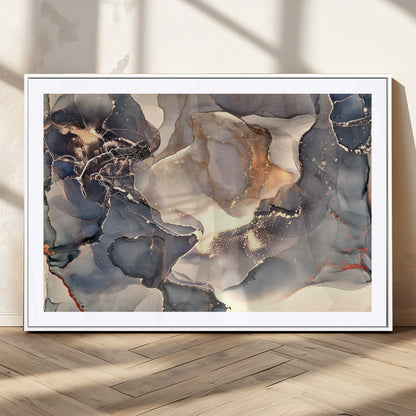 18202-MGV-CV-36X24-Abstract Neutral Wall Art – Blue, Beige and Gold Fluid Ink Canvas Print, Modern Minimalist Painting for Living Room, Office