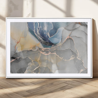 18176-MGC-FP-36x24_White-Abstract Fluid Wall Art – Modern Marble Ink Canvas Print with Blue, Gold, and Gray Tones, Contemporary Minimal Artwork Decor for