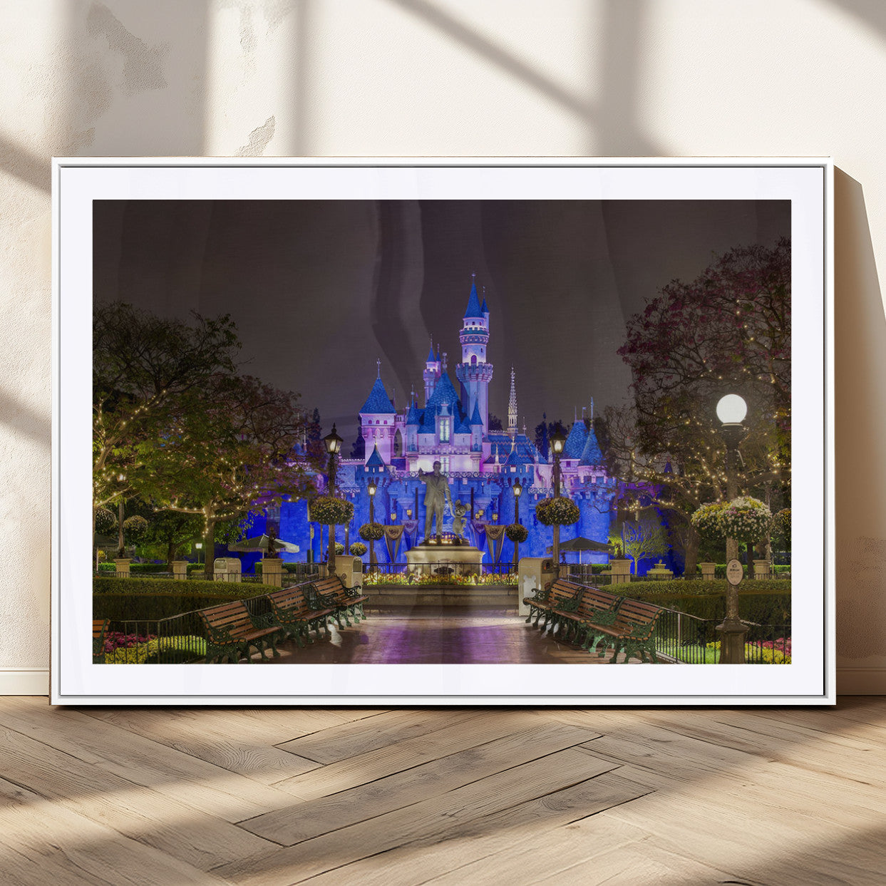 63560-MGC-FP-36x24_White-Fairy Tale Castle Wall Art – Magical Night Scene Canvas Print with Lights and Gardens, Fantasy Architecture Artwork for Living