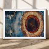 48045-MGC-FP-36x24_White-Tree Ring Abstract Wall Art – Rustic Wood Grain Canvas Print with Brown Center and Blue Brush Strokes, Nature Inspired Artwork for