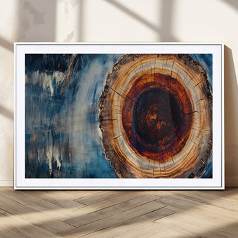 48045-MGC-FP-36x24_White-Tree Ring Abstract Wall Art – Rustic Wood Grain Canvas Print with Brown Center and Blue Brush Strokes, Nature Inspired Artwork for
