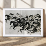 23069-MGC-FP-36x24_White-Galloping Horses Wall Art – Black Ink Painting on Canvas, Dynamic Equestrian Artwork with Running Stallions, Expressive Modern