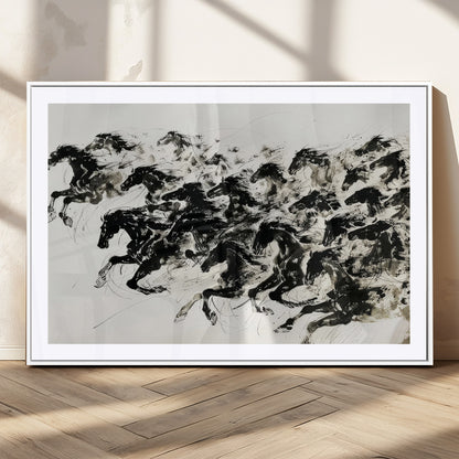 23069-MGC-FP-36x24_White-Galloping Horses Wall Art – Black Ink Painting on Canvas, Dynamic Equestrian Artwork with Running Stallions, Expressive Modern