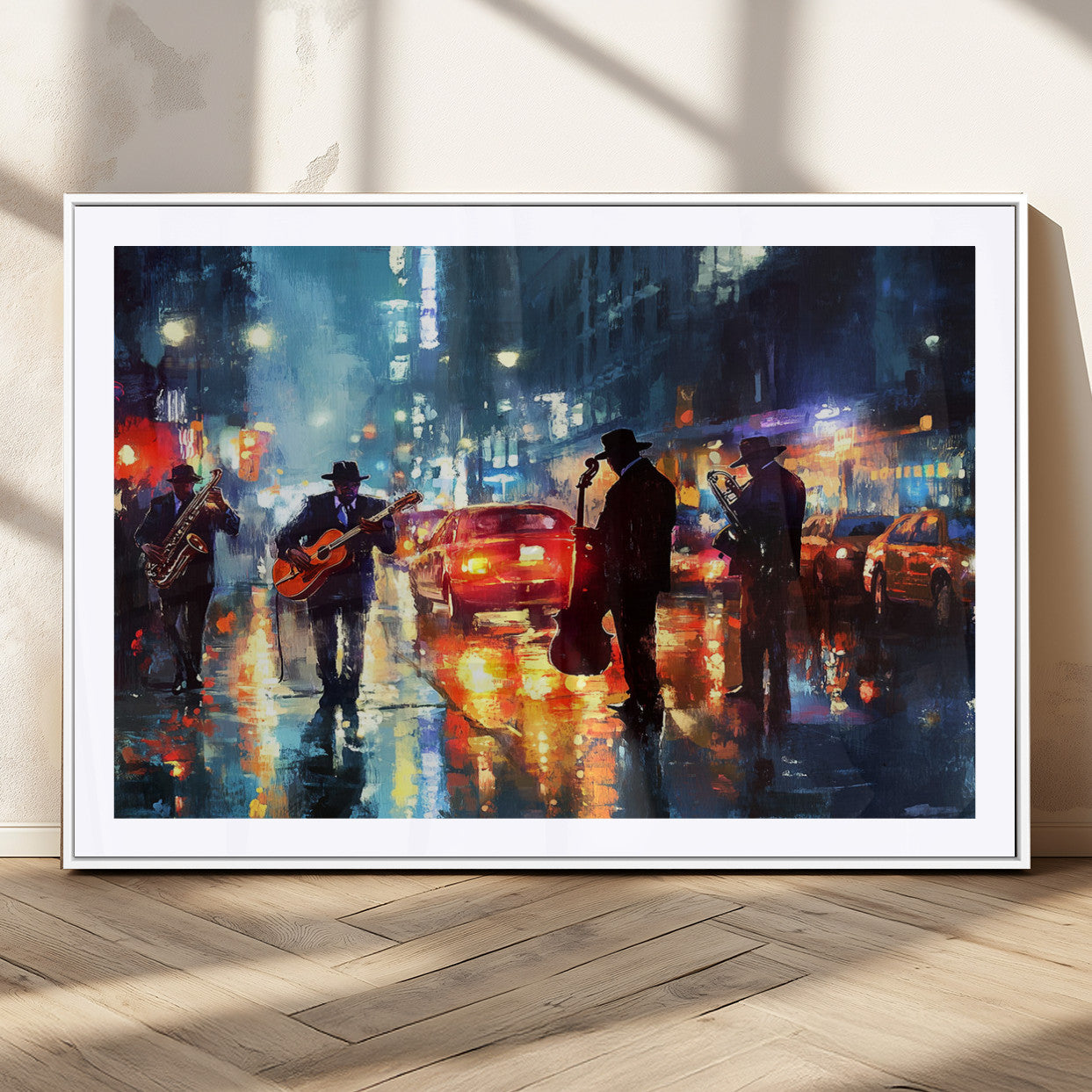 94605-MGC-FP-36x24_White-City Jazz Night Wall Art – Vibrant Music Canvas Print Featuring Saxophone, Guitar and Bass Players, Urban Street Scene Artwork for