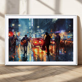 94605-MGC-FP-36x24_White-City Jazz Night Wall Art – Vibrant Music Canvas Print Featuring Saxophone, Guitar and Bass Players, Urban Street Scene Artwork for