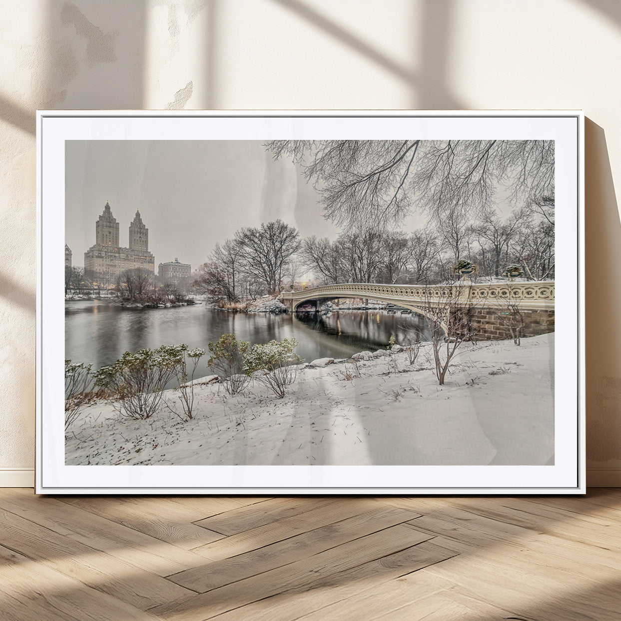 60292-MGC-FP-36x24_White-Central Park Winter Wall Art – Snowy Bow Bridge Canvas Print, Scenic New York City Landscape Photography for Living Room, Bedroom