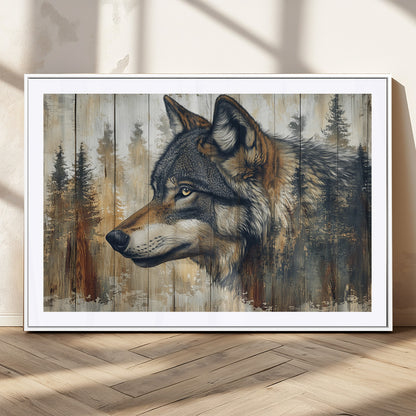 91882-MGC-FP-36x24_White-Wolf Wall Art – Rustic Canvas Print of Forest Wolf on Wood Background, Wildlife Lodge Artwork for Living Room, Bedroom, Cabin, or