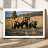 43400-MGC-FP-36x24_White-Bear Family Wall Art – Wildlife Canvas Print of Mother Bear with Cubs in Sunlit Meadow, Rustic Animal Artwork for Living Room,