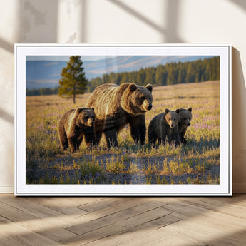 43400-MGC-FP-36x24_White-Bear Family Wall Art – Wildlife Canvas Print of Mother Bear with Cubs in Sunlit Meadow, Rustic Animal Artwork for Living Room,