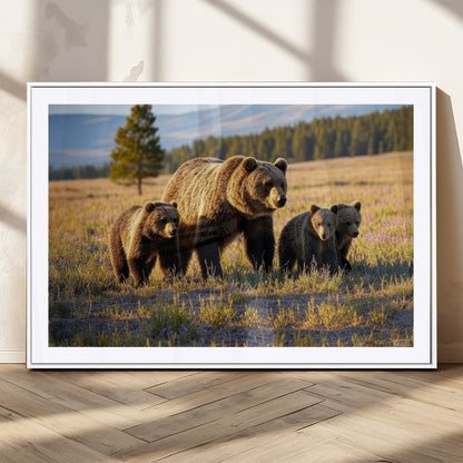 43400-MGC-FP-36x24_White-Bear Family Wall Art – Wildlife Canvas Print of Mother Bear with Cubs in Sunlit Meadow, Rustic Animal Artwork for Living Room,