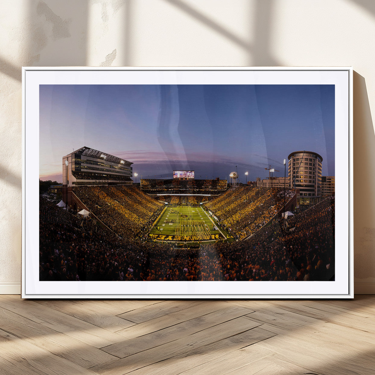 82557-MGC-FP-36x24_White-College Football Stadium Wall Art – Panoramic Sunset Canvas Print with Marching Band and Game Day Crowd, Sports Artwork for Man