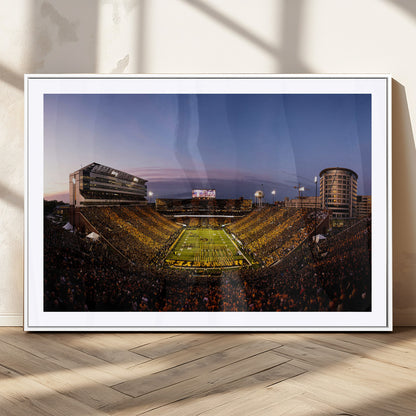 82557-MGC-FP-36x24_White-College Football Stadium Wall Art – Panoramic Sunset Canvas Print with Marching Band and Game Day Crowd, Sports Artwork for Man