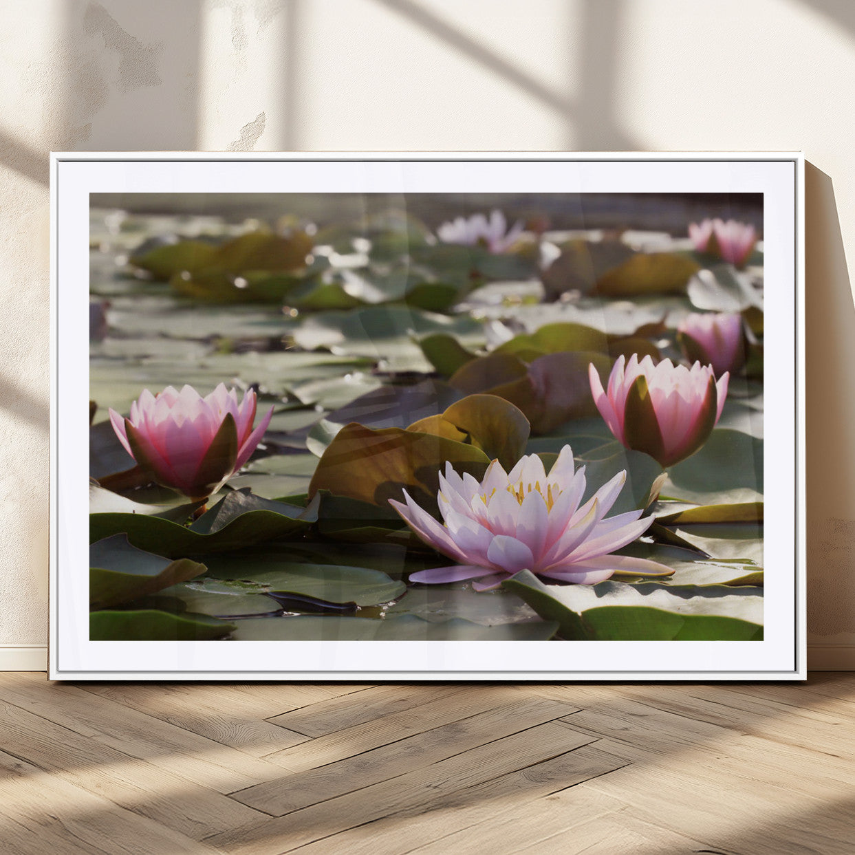 28394-MGC-FP-36x24_White-Water Lily Pond Wall Art – Pink Lotus Flowers Canvas Print with Green Lily Pads, Peaceful Botanical Artwork for Living Room,