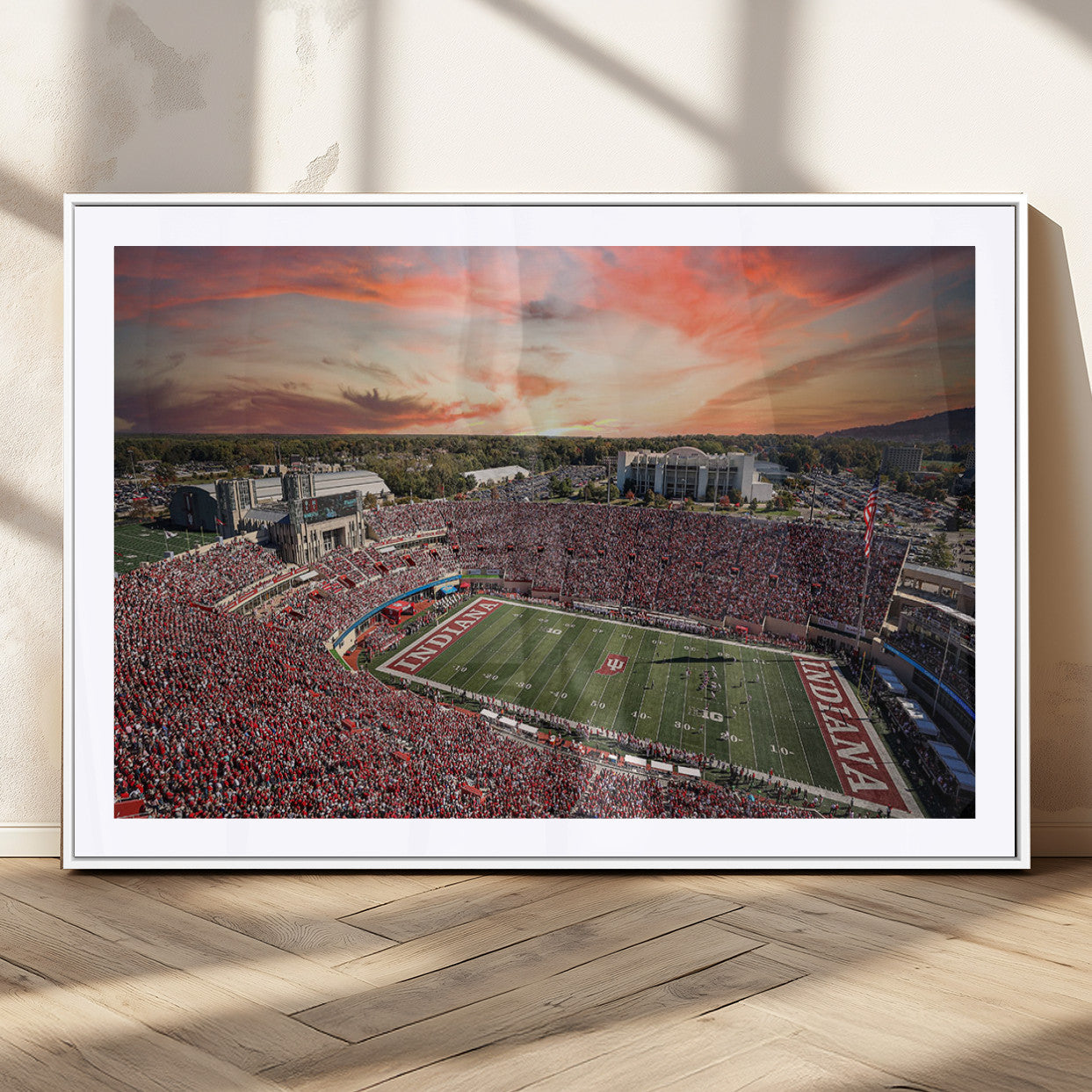 51135-MGC-FP-36x24_White-Indiana Hoosiers Stadium Wall Art – Panoramic Football Canvas Print with Game Day Crowd and Sunset Sky, Sports Artwork for Man