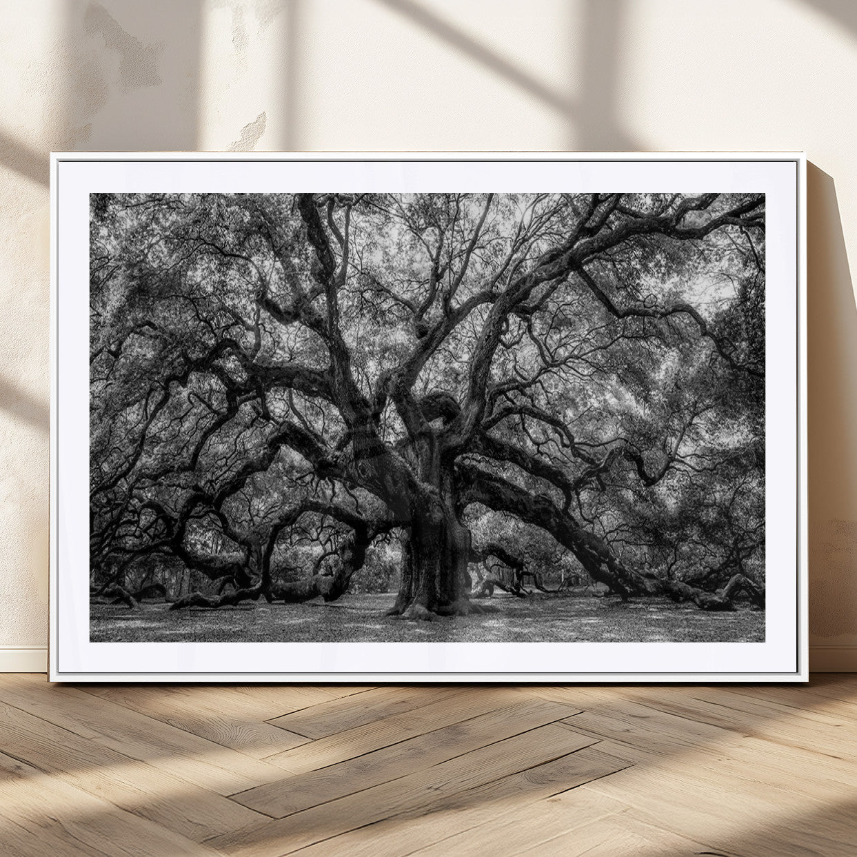 132944706-MGV-CV-36X24-Ancient Tree Wall Art – Black and White Photography Canvas Print Featuring Majestic Twisting Branches, Rustic Nature Artwork for