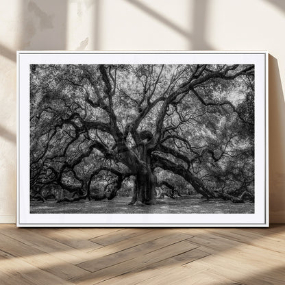 132944706-MGV-CV-36X24-Ancient Tree Wall Art – Black and White Photography Canvas Print Featuring Majestic Twisting Branches, Rustic Nature Artwork for