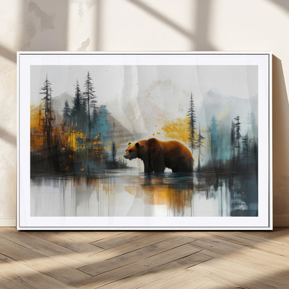 50308-MGC-FP-36x24_White-Abstract Rustic Bear Wall Art – Forest and Mountain Scene Canvas Print, Nature Artwork for Modern Farmhouse or Log Cabin Decor