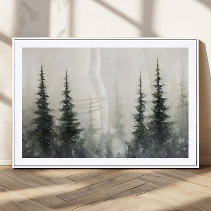 33241-MGC-FP-36x24_White-Misty Forest Wall Art Canvas Print, Framed Foggy Pines Art Picture Print, Forest Haze Perfect Rustic Minimalist Decor Artwork