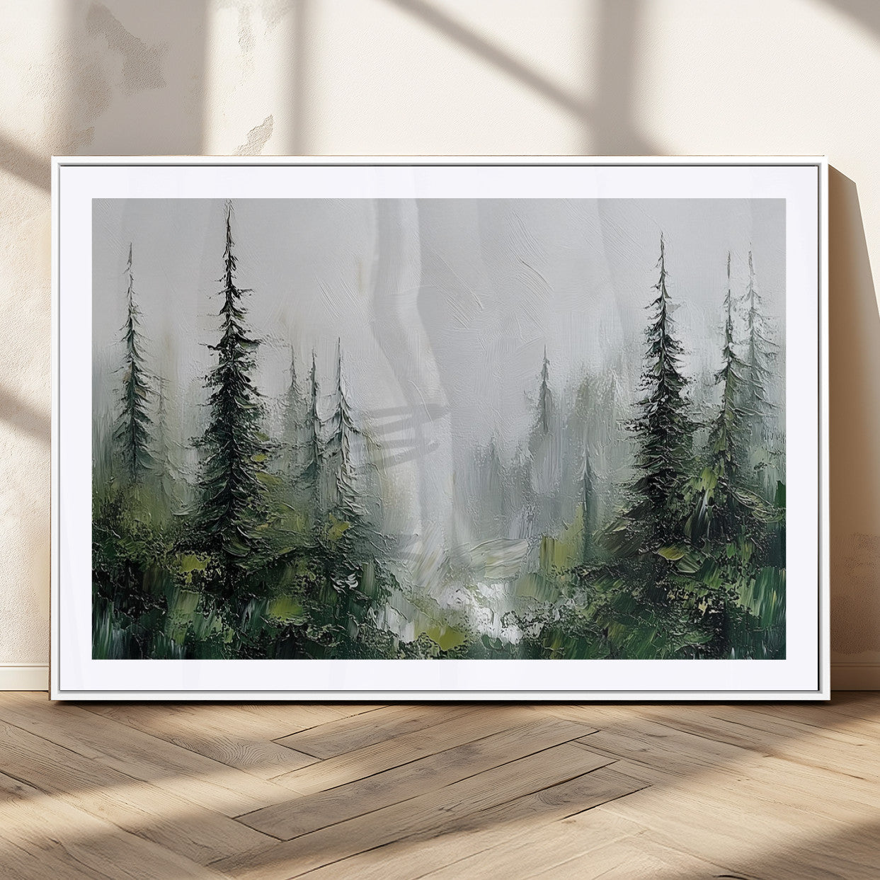 76014-MGV-CV-36X24-Forest Wall Art – Textured Canvas Print Featuring Misty Evergreen Pines and Woodland Landscape, Rustic Nature Artwork for Living