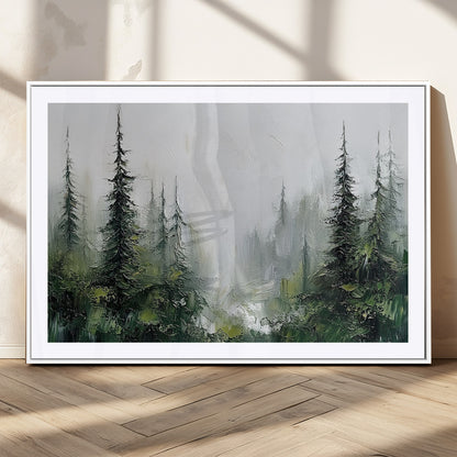76014-MGV-CV-36X24-Forest Wall Art – Textured Canvas Print Featuring Misty Evergreen Pines and Woodland Landscape, Rustic Nature Artwork for Living