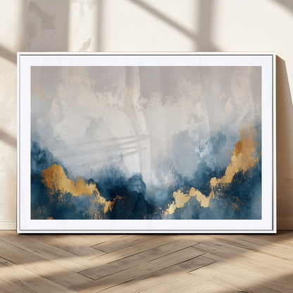 14578-MGC-FP-36x24_White-Abstract Wall Art – Modern Canvas Print Featuring Blue and White Clouds with Golden Accents, Contemporary Elegant Artwork for