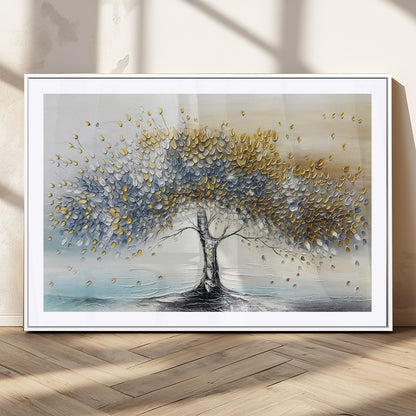 24771-MGV-CV-36X24-Silver Tree Wall Art Canvas Print, Framed Golden Leaves Art Picture Print, Metallic Tree Perfect Minimalist Luxury Decor Artwork