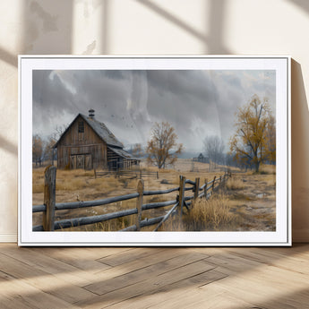 Farm1-MGC-FP-36x24_White-Rustic Autumn Farmhouse Wall Art – Serene Countryside Scene Canvas Print, Weathered Barn and Autumn Trees Decor for Living Room,