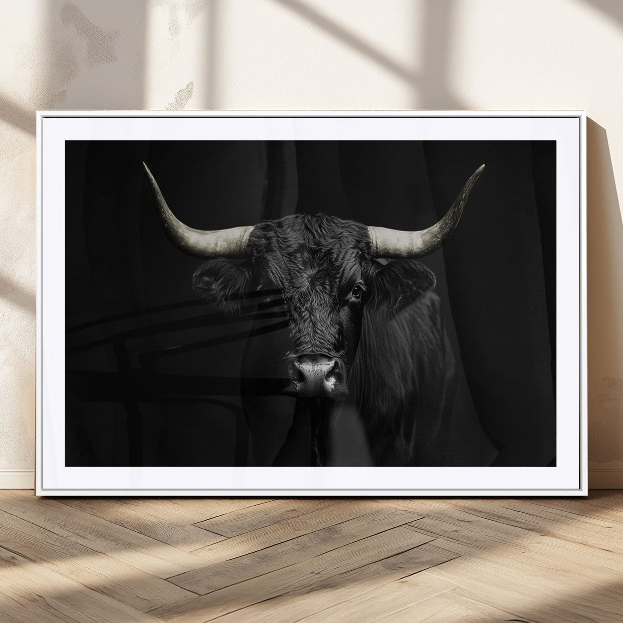 97914921-MGC-FP-36x24_White-Black Bull Wall Art Canvas Print, Framed Longhorn Bull Art Picture Print, Western Bull Perfect Monochrome Western Decor Artwork
