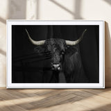 97914921-MGC-FP-36x24_White-Black Bull Wall Art Canvas Print, Framed Longhorn Bull Art Picture Print, Western Bull Perfect Monochrome Western Decor Artwork
