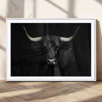 97914921-MGC-FP-36x24_White-Black Bull Wall Art Canvas Print, Framed Longhorn Bull Art Picture Print, Western Bull Perfect Monochrome Western Decor Artwork