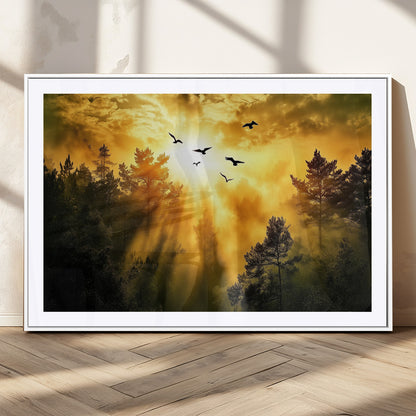 13776802-MGC-FP-36x24_White-Golden Forest Wall Art Canvas Print, Framed Sunset Pines Art Picture Print, Flying Birds Perfect Nature Glow Decor Artwork